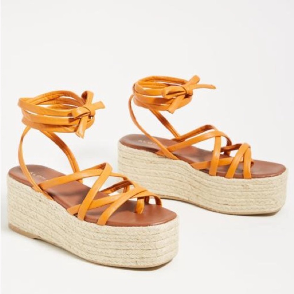 Anthropologie Alohas Orange Leather Wrap Jute Platform Espadrille Sandals Sz 39